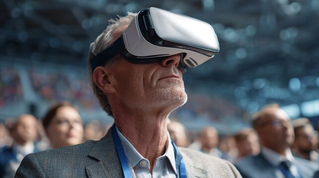 Senior businessman experiencing virtual reality with VR headset at tech conference surrounded by professionals, a peek into the future
