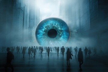 A giant digital eye hovers or is embedded into the cityscape, representing mass surveillance, data tracking and erosion of privacy in Ai-driven societies.