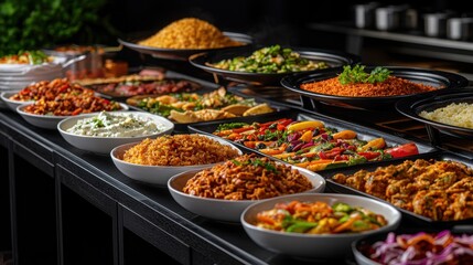 Obraz premium Luxurious Buffet of World Cuisines Displayed in Elegantly Arranged Serving Dishes