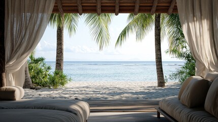 Serene Beachfront Cabana Surrounded by Lush Palm Trees and Tranquil Ocean View