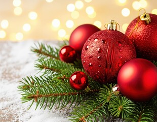 Fototapeta premium Red Christmas ornaments and pine branches on snow-covered wooden surface, twinkling lights in background