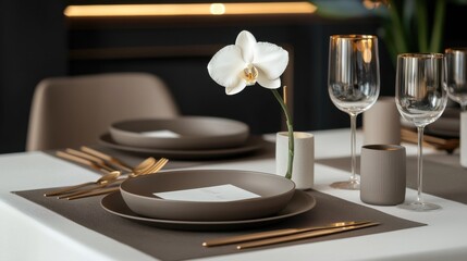 Elegant Dining Table Setup with White Orchid in Luxurious Contemporary Design