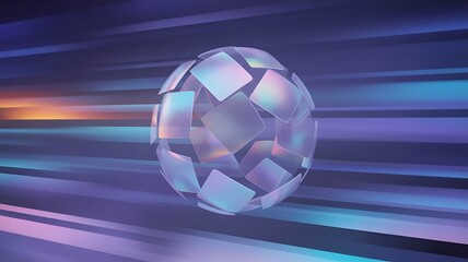Fototapeta premium Abstract sphere made of translucent iridescent squares against a blurred background of horizontal lines