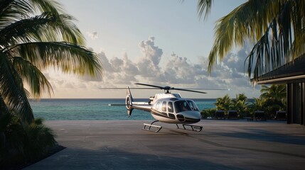Luxurious Private Resort with Helipad and Jet Near Serene Oceanfront at Sunset
