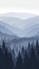 Layers of hazy mountain forest landscape