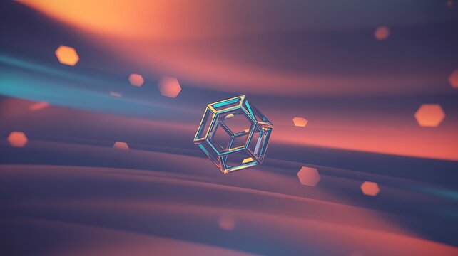 Abstract geometric wireframe cube with glowing hexagonal particles in a gradient background - Powered by Adobe