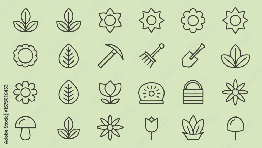 Poster collection of simple line art icons representing nature and gardening elements on a light green back