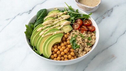 Modern Vegan Bowl – A neatly arranged Buddha bowl with quinoa, avocado, chickpeas, greens, and tahini drizzle on a marble counter.
