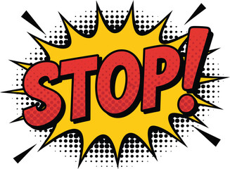 A comic book style illustration of the word stop with an exclamation point in red and yellow