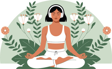 Woman meditating with headphones in lotus position surrounded by flowers and green leaves