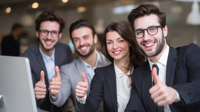 Four smiling business people giving thumbs up, showing agreement and satisfaction in a modern office.