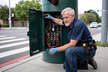 Experienced senior electrician working diligently on an open electrical panel on a city street, performing professional maintenance and repair on public utility infrastructure with expertise