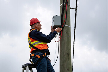 Professional lineman in a hard hat and high-visibility safety vest works on a utility pole, performing maintenance on an electrical or communications box against an overcast sky