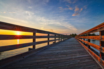 Wood bridge at sunset in Woodbine, Georgia.