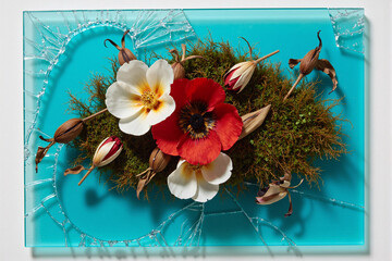 Delicate floral art composition with white and red pansies and natural moss arranged on a textured, shattered turquoise glass panel, symbolizing the fragile beauty of nature
