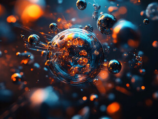 A stunning 3D visualization of glowing orbs floating in a colorful, smoky space environment. The scene mixes deep blues, fiery oranges, and electric purples, giving a sense of cosmic energy and scienc