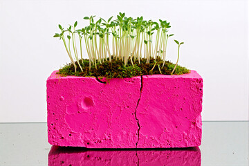 Conceptual image of fresh green sprouts emerging from a vibrant, cracked pink brick, representing new life, urban nature, resilience, hope, and growth in a harsh environment