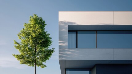 Modern Architectural Facade with Sharp Geometric Lines and Lush Tree Against Clear Sky