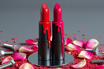 Two red lipsticks with dripping paint effect stand on a mirror, surrounded by a conceptual mix of industrial metal bolts and soft pink rose petals, contrasting beauty with grunge