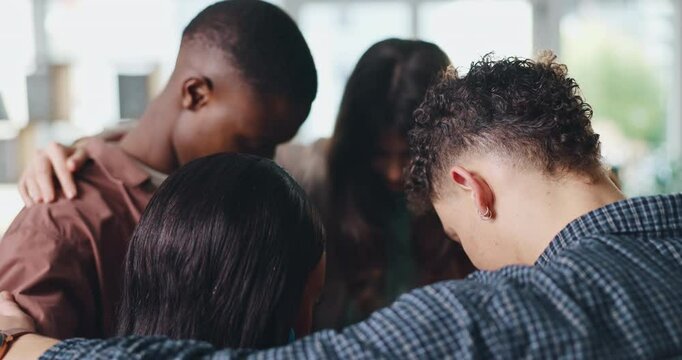 Business, people and praying together prayer in office for spiritual guidance, thankful and belief. Christian workplace, group and employees in huddle for religious worship, morning routine or praise