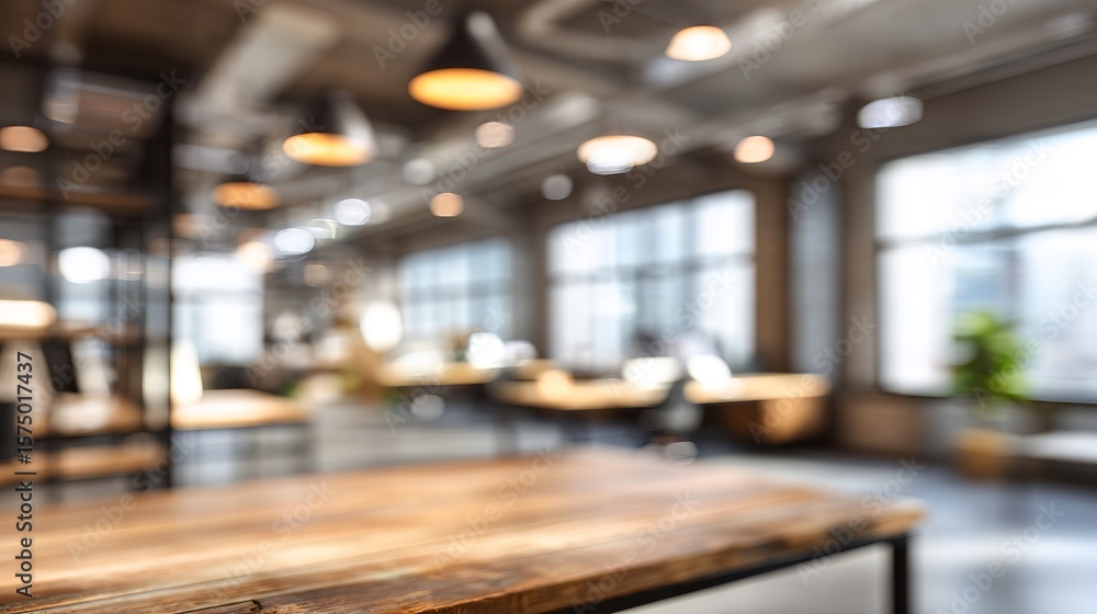 Poster abstract blurred view of a modern loft office space with focus on a rustic table.