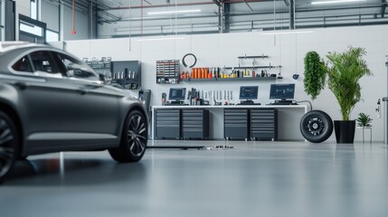 Modern Automotive Garage with Diagnostic Equipment and Sleek Car in a Contemporary Setting