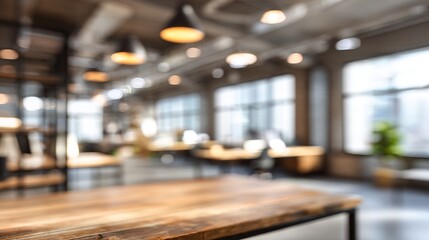 Abstract blurred view of a modern loft office space with focus on a rustic table.