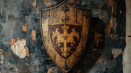 Ornate Wooden Shield with Detailed Crest Against Aged, Textured Wall