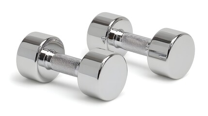 Two shiny chrome dumbbells sit ready for a workout session.