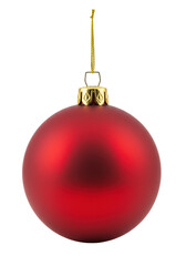 A single, perfectly spherical rich red matte christmas bauble with a gold cap and hanger loop, isolated against a transparent background in a studio shot with no shadows, ideal for copy, high-end