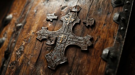 Ornate Metal Cross on Weathered Wooden Door, Detailed Close-Up View