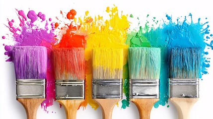 Row of paintbrushes with vibrant colorful paint splashes for creative projects.