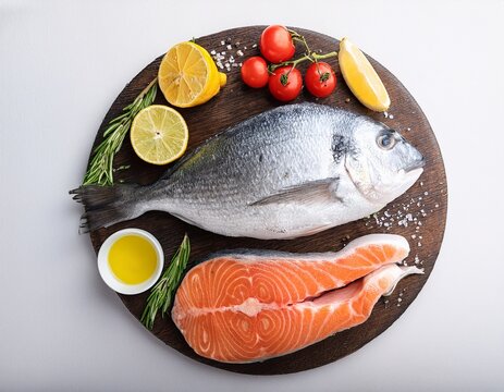 sea food dorado fish and products on white background banner design with space for text