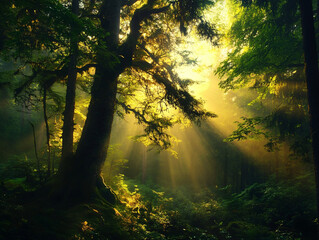 Sunlight streams through a dense, green forest, casting long shadows and illuminating a mossy forest floor. A peaceful moment in nature captured in golden tones.

