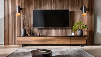 modern living room with flat screen lcd television and wooden panel wall detail