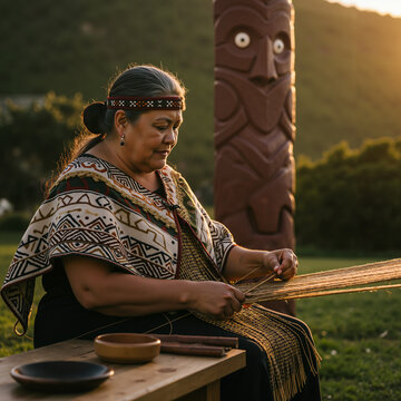 Batik-inspired, Māori kuia teaching traditional weaving techniques, flax-covered marae during summer solstice, golden hour light through carved pouwhenua, unfinished korowai cloak edges fluttering    