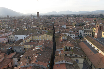 View from Torre delle Ore of Via Fillungo in Lucca, Italy, showing rooftops, medieval towers and...