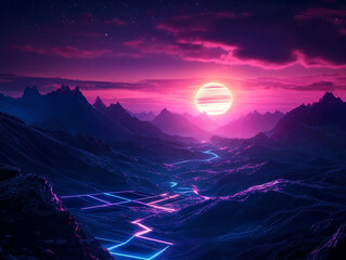 A surreal digital landscape of purple-blue grid lines winding through mountains under a bright pink retro-style sun. The scene is futuristic and synthwave-inspired.

