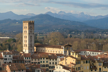 View from Guinigi Tower showing Basilica di San Frediano and bell tower in Lucca, Italy, with Romanesque architecture and Tuscan hills.