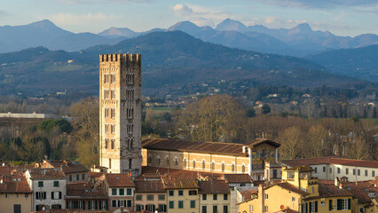 View from Guinigi Tower showing Basilica di San Frediano and bell tower in Lucca, Italy, with Romanesque architecture.