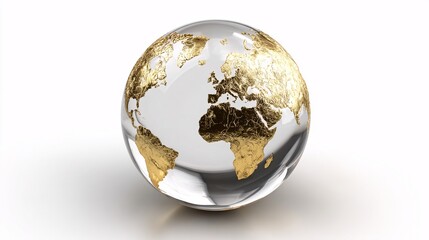 Golden continents adorn a clear glass globe, showcasing world geography.