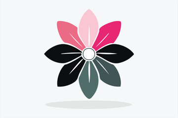 Cute Pink Flower Illustration with Black Outline and Leaves on White