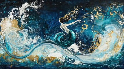 Artistic Mermaid in Ocean Waves with Golden Accents and Flowing Hair