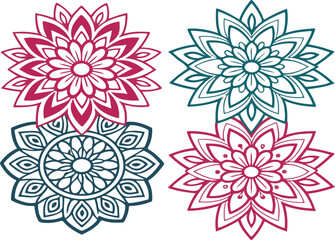 Obraz premium Geometric floral mandala illustrations in teal and red for creative design projects