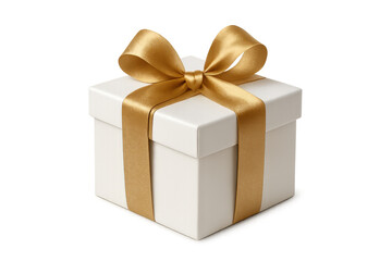 White closed gift box tied with golden ribbon on transparent background, perfect for celebrations and special occasions