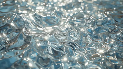 Breathtaking Dreamlike Close-up of Sparkling Liquid Metal Surface with Reflective Waves and Bokeh Highlights