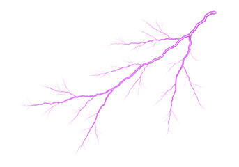 A vibrant purple lightning bolt with sharp branches and a luminous glow, striking diagonally against a transparent background. Ultra-realistic UHD, high-contrast isolated element, Concept of