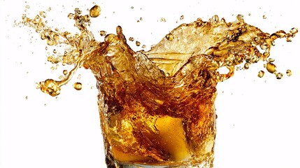 Golden liquid splash in a glass, creating dynamic motion and refreshing vibe.