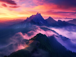 A breathtaking sunrise over mist-covered mountains. Soft pastel tones blend in the sky as warm light highlights peaks and ridges.



