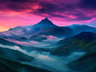 A breathtaking sunrise over mist-covered mountains. Soft pastel tones blend in the sky as warm light highlights peaks and ridges.



